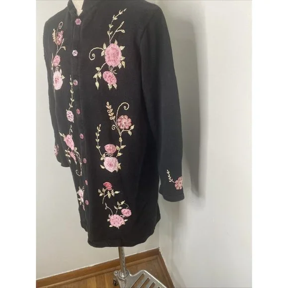 Storybook Knits Cardigan Sweater 1X HSN Flowers Embroidery Beaded Floral Maxi